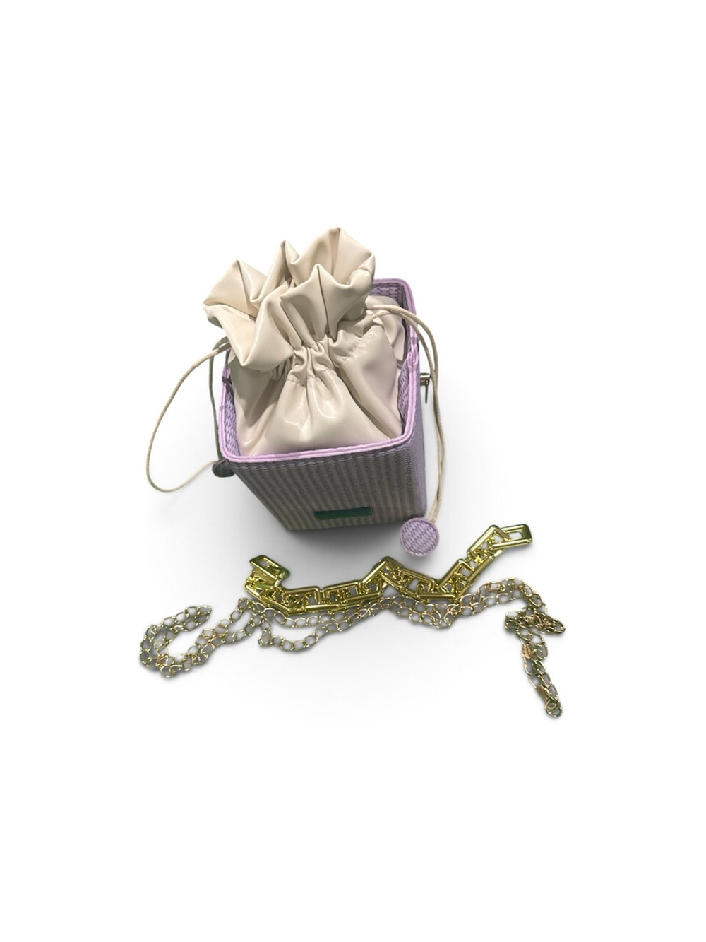 Lilac Trim Beige Drawstring Bucket Bag with Gold Chain
